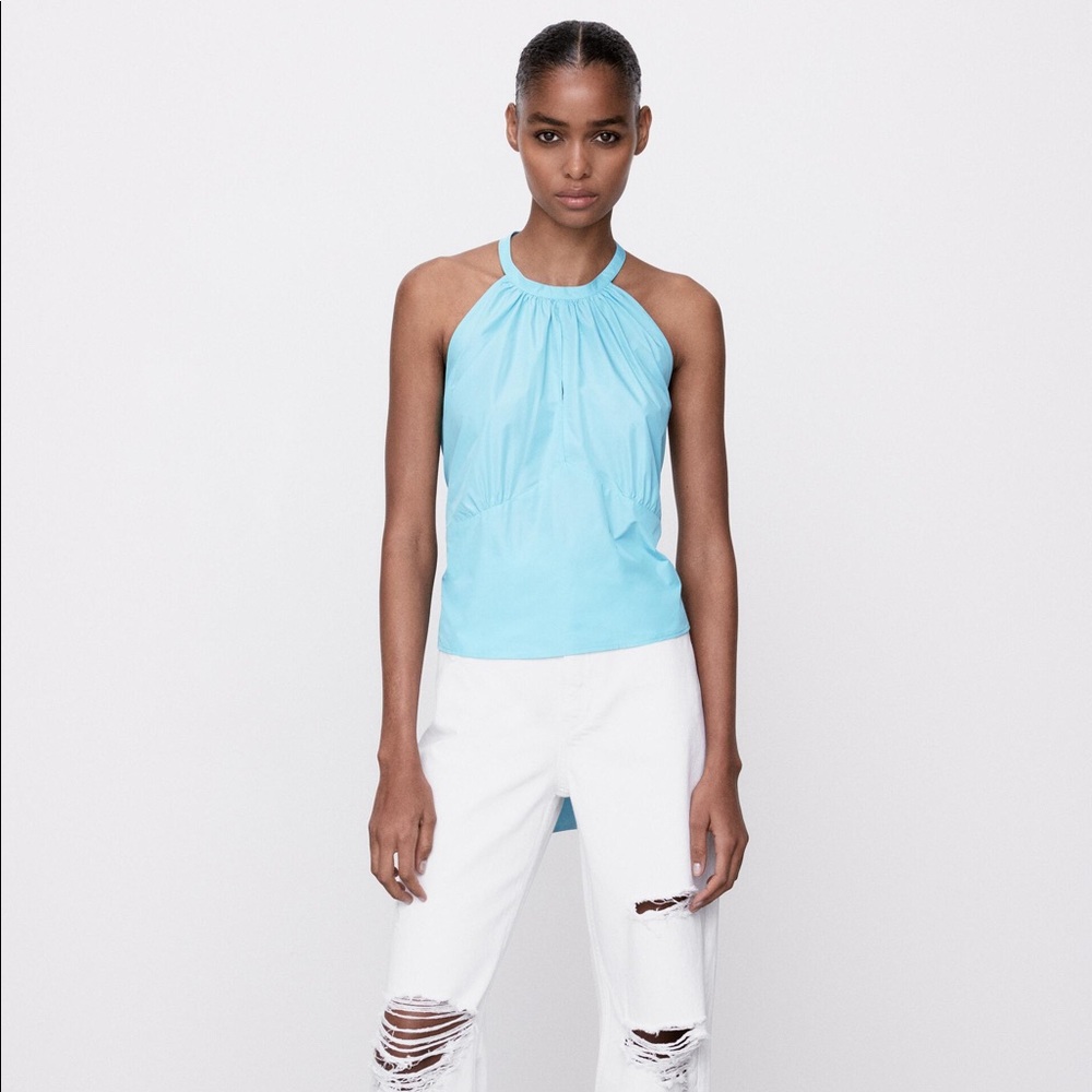 New 2021 Zara Woman Bow Halter Top Sleeveless in turquoise
